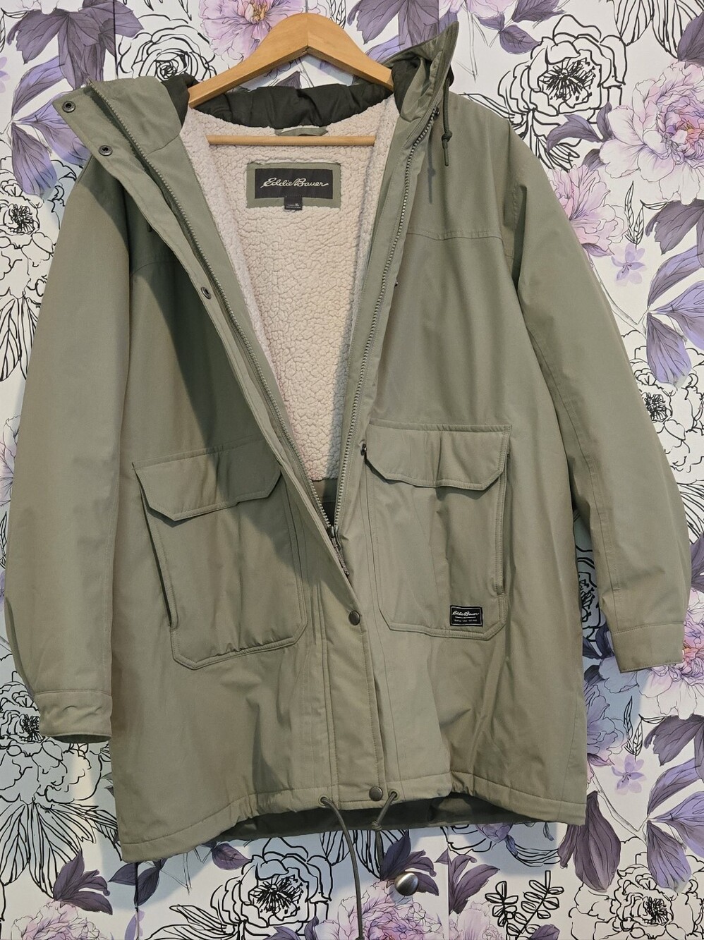 Eddie Bauer Olive Green Sherpa-Lined Hooded Puffer Parka
